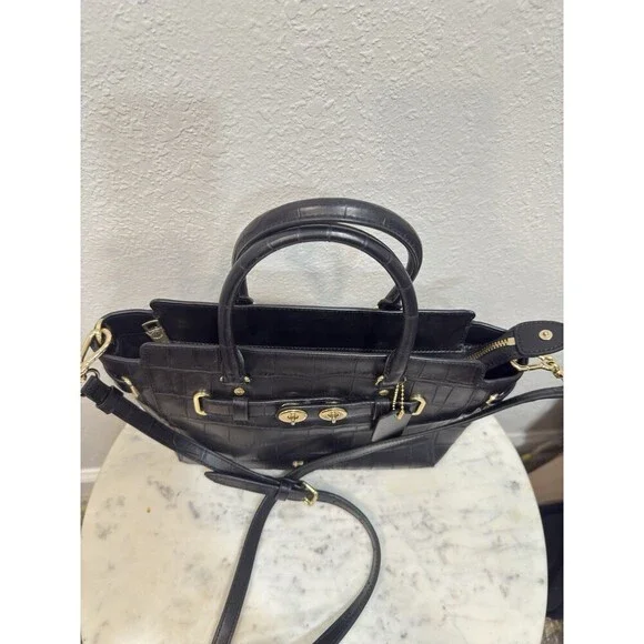 Coach Black Croc Embossed Leather Satchel Shoulder Crossbody Bag - Picture 8 of 11